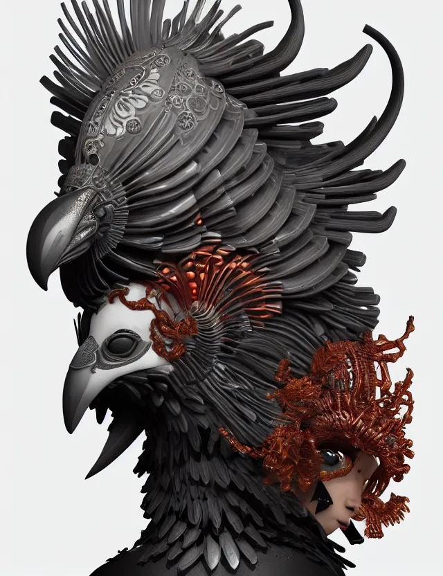 Image similar to 3 d hard surface modelling goddess close - up profile portrait with ram skull. beautiful intricately detailed japanese crow kitsune mask and clasical japanese kimono. betta fish, jellyfish phoenix, bio luminescent, plasma, ice, water, wind, creature, artwork by tooth wu and wlop and beeple and greg rutkowski