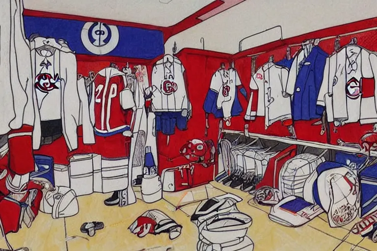 Prompt: habs hockey dressing room, style of studio ghibli + moebius + basquiat, cute,