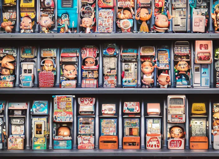 Image similar to closeupof portrait of tin toy tokyo corner store and vending machines, depth of field, zeiss lens, detailed, centered, photoshoot, by nicoletta ceccoli, mark ryden, lostfish, breathtaking, 8 k resolution, extremely detailed, beautiful, establishing shot, artistic, hyperrealistic, octane render, - h 7 0 4