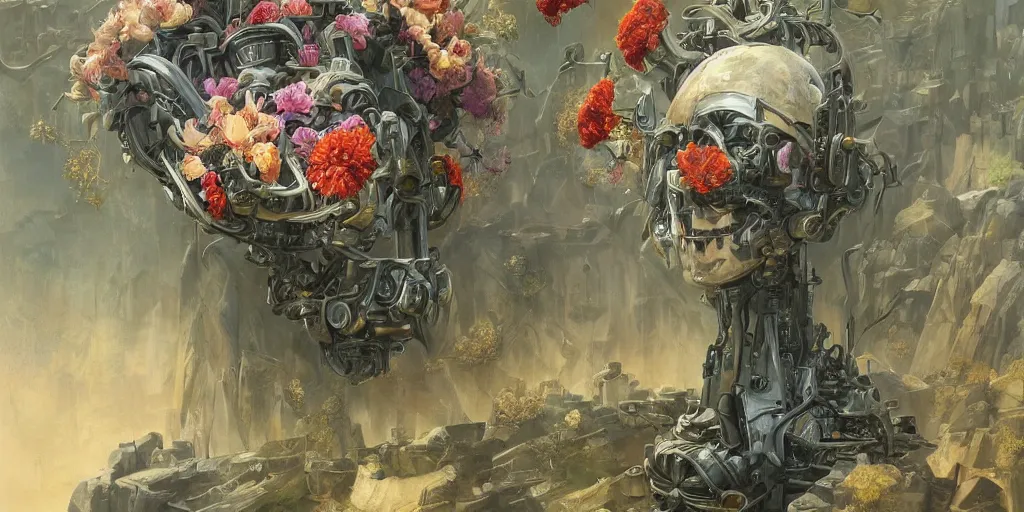 Prompt: artgem, Tyler Edlin and Jean Delville, wide angle robot head with flowers growing out, highly detailed, masterpiece