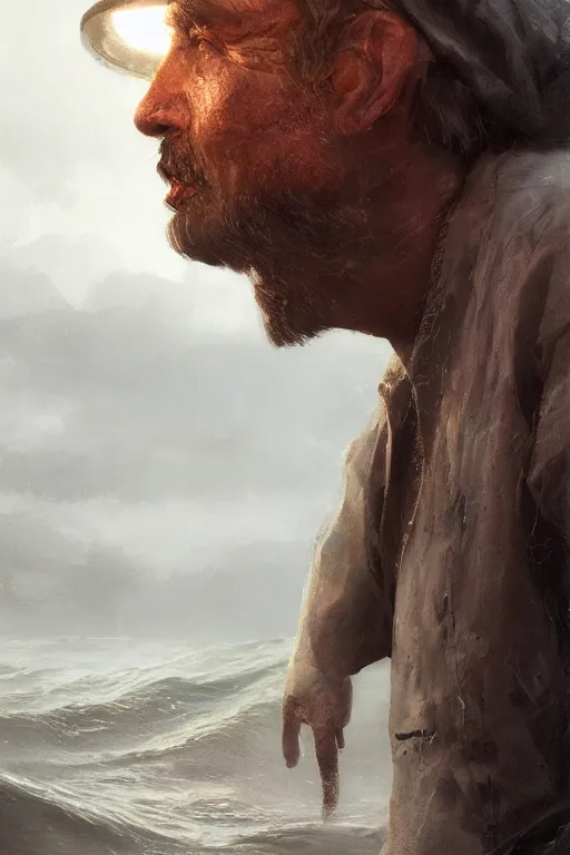 Image similar to Atlantis fisherman, close-up portrait, poor, intricate, elegant, volumetric lighting, scenery, digital painting, highly detailed, artstation, sharp focus, illustration, concept art,ruan jia, steve mccurry