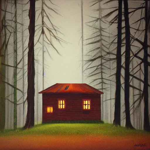 Prompt: a painting of a Eerie cabin in the middle of the woods in the style of minimalism