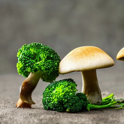 Image similar to a mushroom and a broccolli having a duel