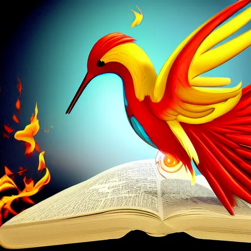 Prompt: cartoon phoenix hummingbird reads a book while on fire raytracubg 3d render cute trending on artstation HD digital art