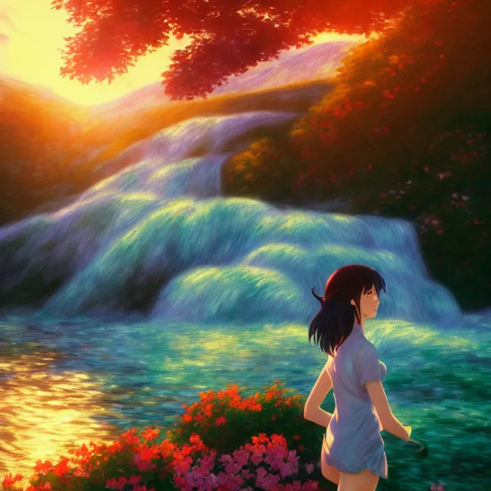 Image similar to an epic makoto shinkai and renoir surreal landscape of a woman's hair mixed with a waterfall, 🌺, golden hour, ultra smooth, lois van baarle, ilya kuvshinov, unreal engine, blender, trending on artstation, suntur, caleb worcester, highly detailed, photorealism, bloom effect 8 k