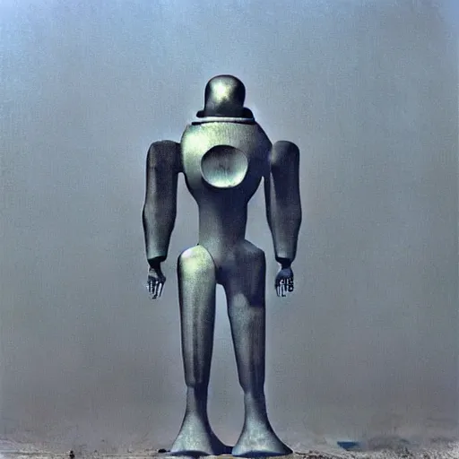 Prompt: Zdzisław Beksiński painting of a friendly robot