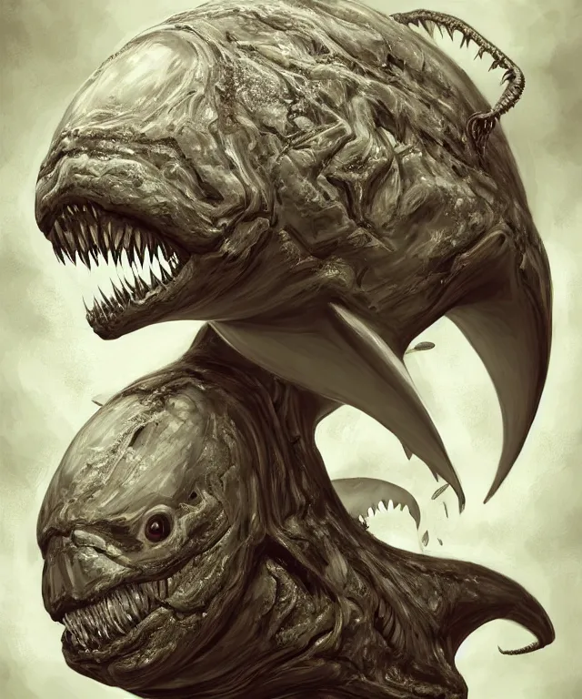 Image similar to hziulquoigmnzhah, head dangling underneath body!!!!, gigantics shark mouth, spherical body, elongated arms, short legs, lovecraftian horror!, surrealism, fantasy, intricate, elegant, highly detailed, digital painting, artstation, concept art, matte, sharp focus, illustration, art by keith thompson and christopher lane