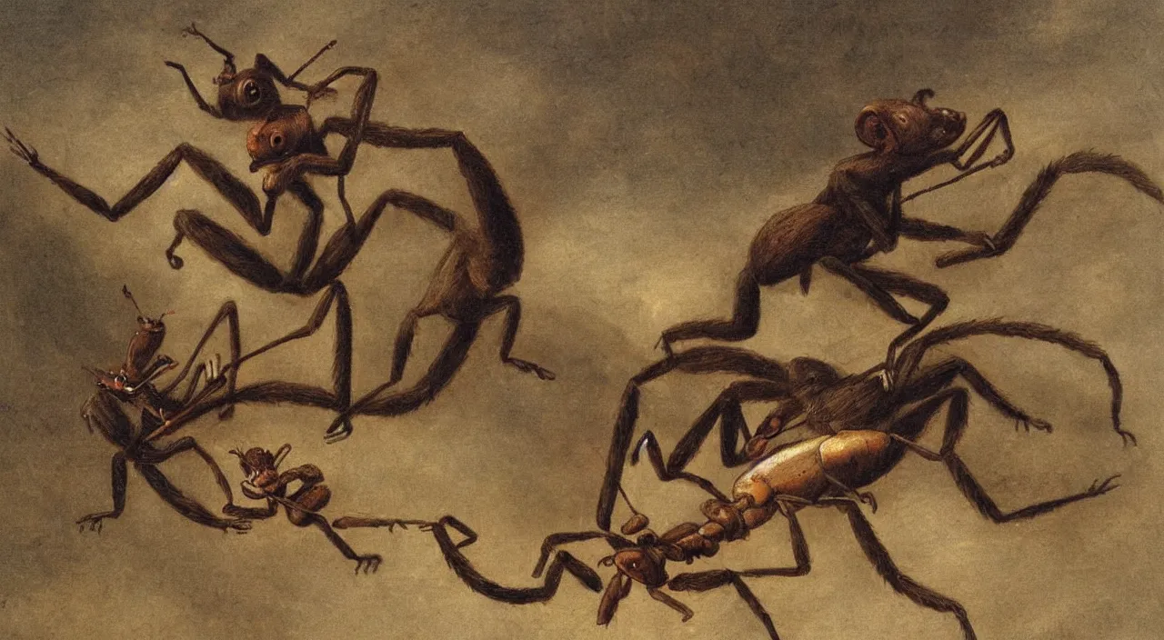 Image similar to a monkey riding a giant ant, by most renowned artist of the romanticism, hiperrealism,