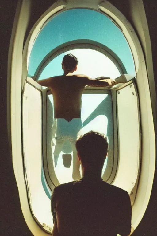 Image similar to far away kodak ultramax 4 0 0 photograph of a skinny guy in a spaceship, back view, looking out window, grain, faded effect, vintage aesthetic, vaporwave colors, cyber aesthetic, space aesthetic,