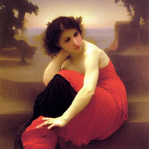 Prompt: Angel crying on top of a red ocean cube, oil painting by William-Adolphe Bouguereau