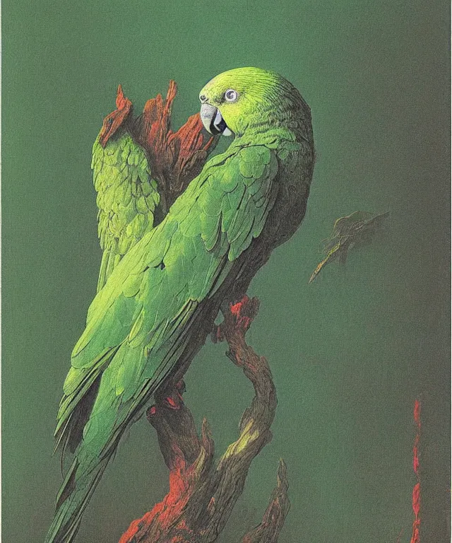 Image similar to beautiful emerald green parrot with red aura and eyes, by zdzisław beksinski, by gustave dore