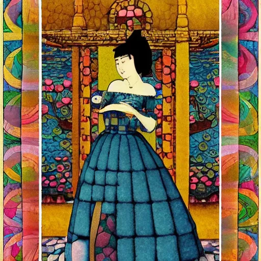 Prompt: interesting maximalist elaborate full body portrait of a beautiful medieval girl, in the style of kawase hasui and paul klee. mixed media, vibrant textures, pastel tones. HD 8x no frame