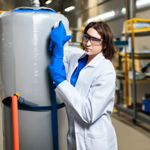 Image similar to woman in a lab coat leaning against a large compressed air tank. she's smirking while holding on to the tank's valve. a hose connects the tank to her mouth.