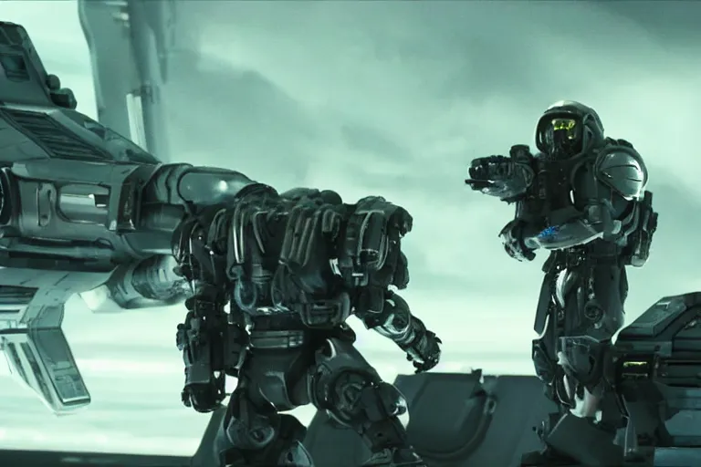 Image similar to VFX movie of a futuristic inhuman alien spacemarines in future spaceship, firing gun at space pirates detailed surface cinematic lighting by Emmanuel Lubezki