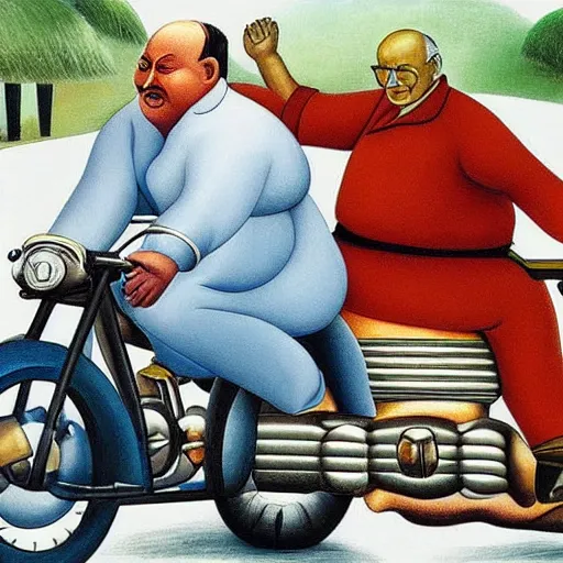 Image similar to ghandi riding a motorcycle by botero