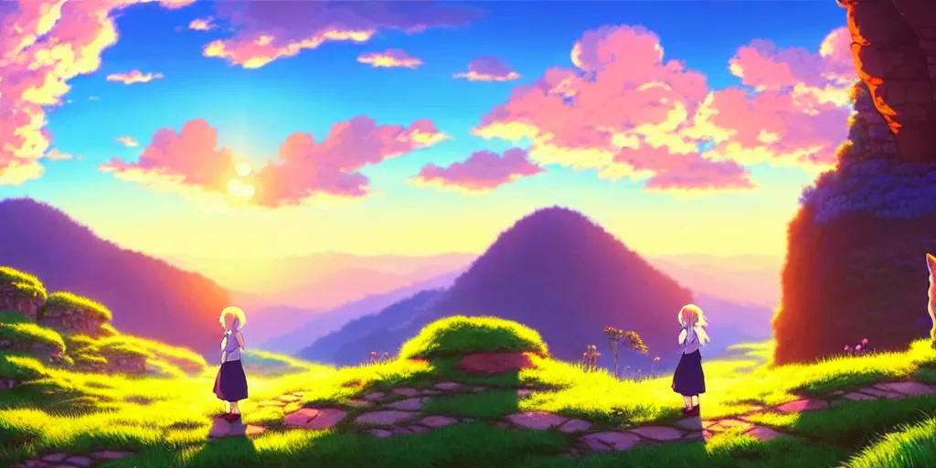 Image similar to the girl and the cat. beautiful sunrise. small village in the mountains. rocky roads, beautifull puffy clouds. anime, studio ghibli. intricate, elegant, super highly detailed, professional digital painting, artstation, concept art, smooth, Unreal Engine 5, 8k resolution, cinema 4d, 3D, beautiful, cinematic