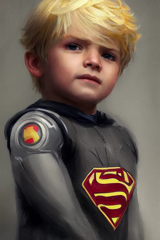 Prompt: a little boy with a michievous face and blonde hair. he is dressed as a superhero. clean elegant painting, beautiful detailed face. by artgerm and greg rutkowski