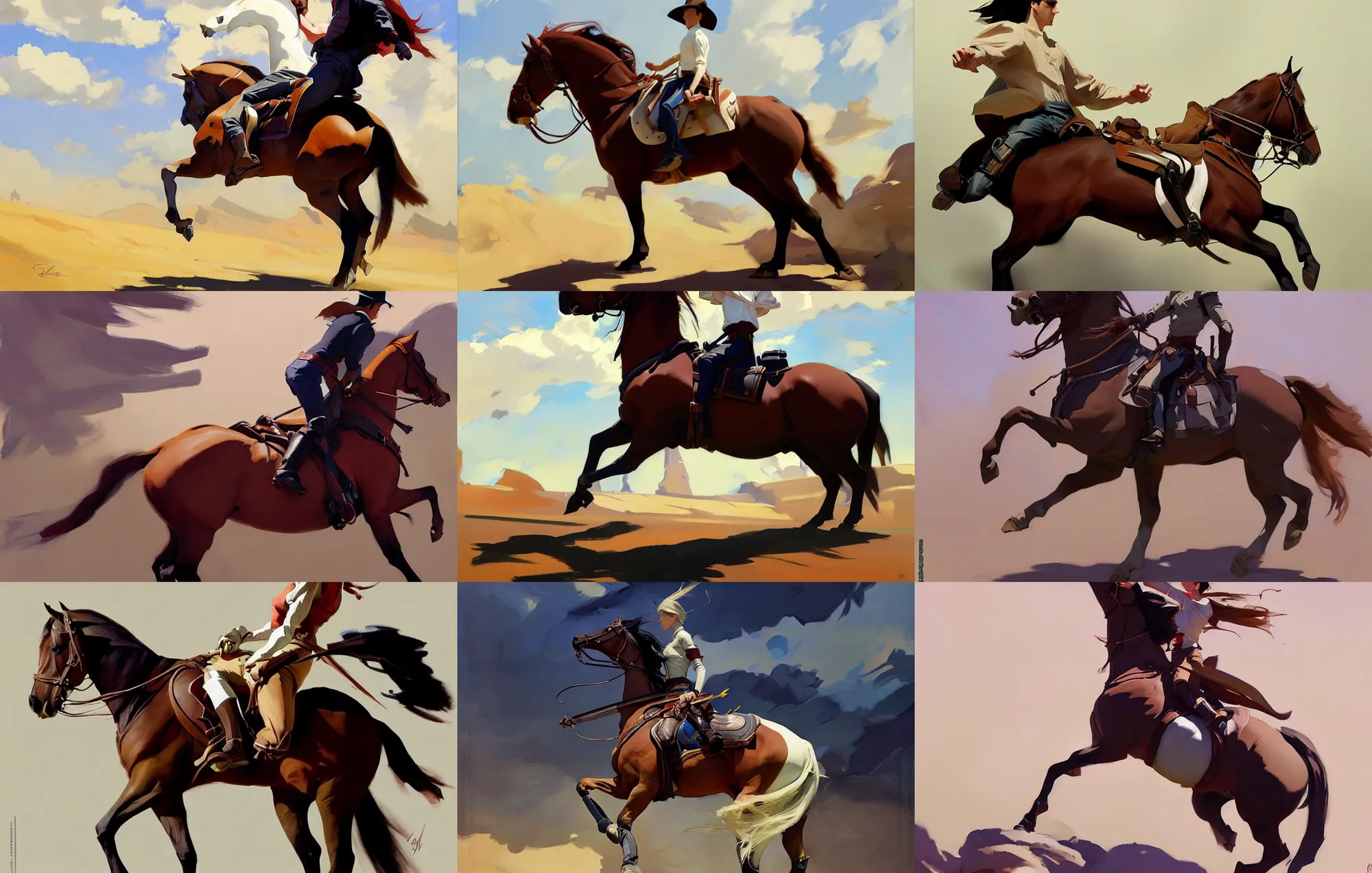 Prompt: cloth fabric riding horse jodhpurs side view greg manchess painting by sargent and leyendecker, studio ghibli, fantasy, medium shot, asymmetrical, intricate, elegant, matte painting, illustration, hearthstone, by greg rutkowski, by greg tocchini, by james gilleard, by joe fenton