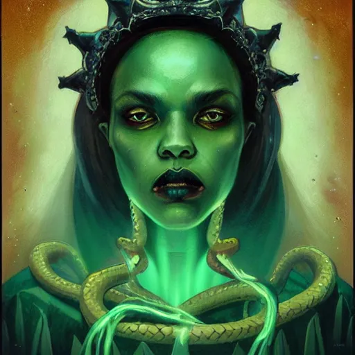 Image similar to portrait of a necromancer queen with a crown of snakes, dark skin, looking up, kneeling, despair, dramatic lighting, blue and green, by Anato Finnstark, Tom Bagshaw, Brom