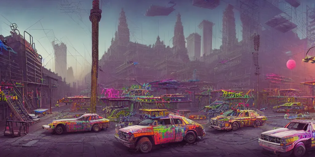 Image similar to hyperrealistic matte painting of aztec temples in a future environment with flying cars, mechanical features and neon, graffiti, scaffolding, smog, destruction by filip hodas, beeple, 4 k, trending on cgsociety