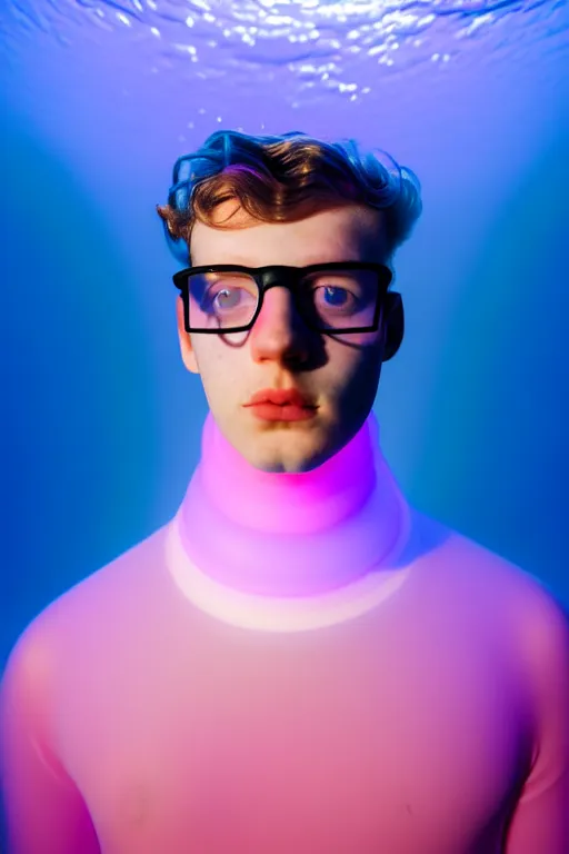 Prompt: high quality pastel coloured film mid angle portrait photograph of a beautiful young 2 0 year old male, soft features, short hair, led glasses and rubber oversized inflated clothing!!!! icelandic black! rock pool environment. atmospheric three point light. photographic. art directed. ( pastel colours ). volumetric. clearcoat. waves. 8 k. filmic.