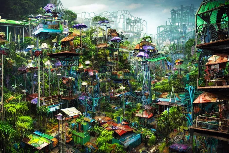 Image similar to favela winding cybernetic amusement park, lush floral jungle environment, industrial factory, apocalyptic, award winning art, epic dreamlike fantasy landscape, ultra realistic,