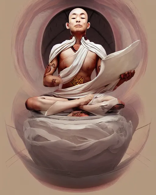 Image similar to a monk floating while meditating and wrapped in sacred scrolls, smooth, intricate, elegant, digital painting, artstation, power runes, pulsing energy, concept art, sharp focus, octane render, illustration, art by shintaro kago and josan gonzalez, overwatch character,