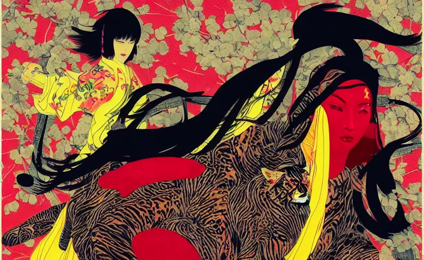 Image similar to a red delorean x a yellow tiger, art by hsiao - ron cheng & utagawa kunisada in magazine collage style,