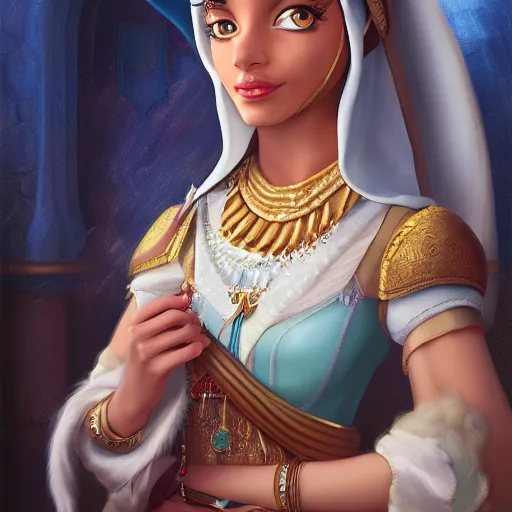 Image similar to a portrait of an arabian princess in a disney movie, crown!! oil painting, pale colors, high detail, 8 k, wide angle, trending on artstation,