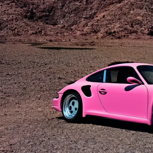 Image similar to porsche in the middle of the desert, professional photography, vaporwave