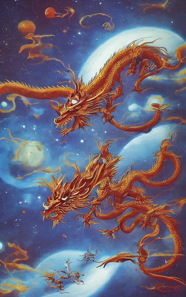 Image similar to chinese dragon flying through the galaxy, epic, legendary, cinematic composition, stunning atmosphere by james jean by roger dean by lee madgewick