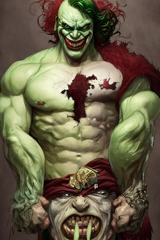 Image similar to portrait of joker as a hulking herculean demon orc bugbear clown, forest, godlike, upper body, fantasy, intricate, elegant, highly detailed, digital painting, artstation, concept art, sharp focus, illustration, art by artgerm and greg rutkowski and alphonse mucha