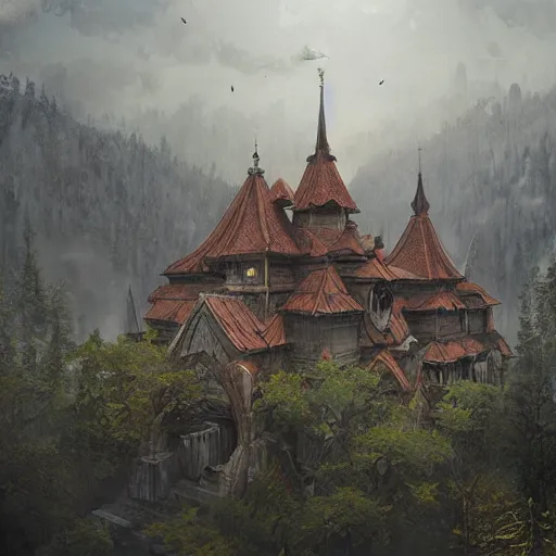 Prompt: wooden slavic temple view from high, greg rutkowski,