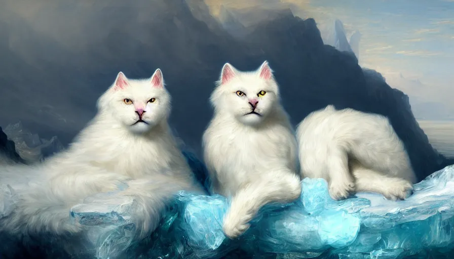 Image similar to highly detailed painting of white giant griffon cat bears with large feathered wings on a blue and white iceberg by william turner, by greg rutkowski, by william constable, thick brush strokes and visible paint layers, 4 k resolution