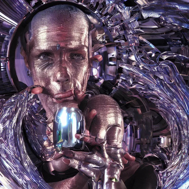 Image similar to octane render portrait by wayne barlow and carlo crivelli and glenn fabry, a strange psychedelic glamorous sci - fi action hero inside a futuristic shiny reflective chrome prison cell, light beams, cinema 4 d, ray traced lighting, very short depth of field, bokeh