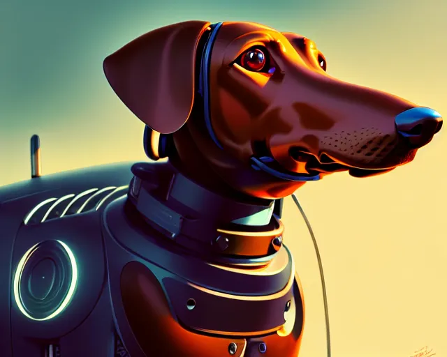 Image similar to completely mechanical robotic dachshund, hyper - realistic, celshading, sharp focus, intricate, detailed, rhads, andreas rocha, makoto shinkai, lois van baarle, ilya kuvshinov, greg rutkowski, dynamic lighting, grunge aesthetic, 4 k