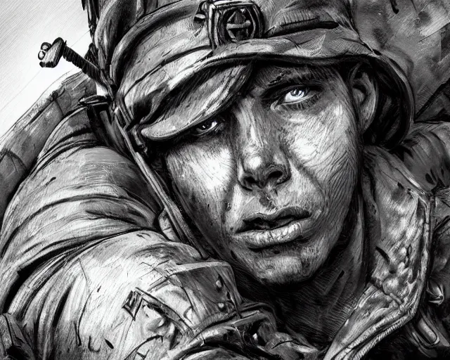 Prompt: A soldier in despair in a world war 1 trench, close-up, black and white, amazing digital art, hyper detailed, artstation, in the style of Tony Sart