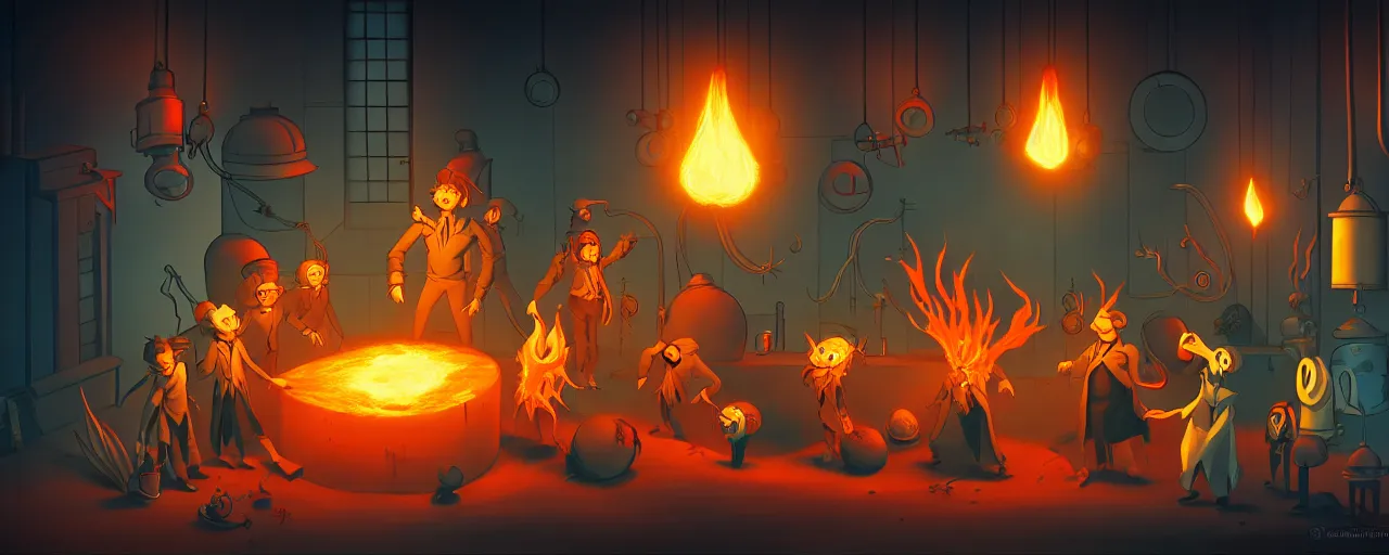 Prompt: wild alchemist mutants in a fiery alchemical lab deep in the imaginal sea, dramatic lighting, surreal fleischer cartoon characters, shallow dof, surreal painting by ronny khalil