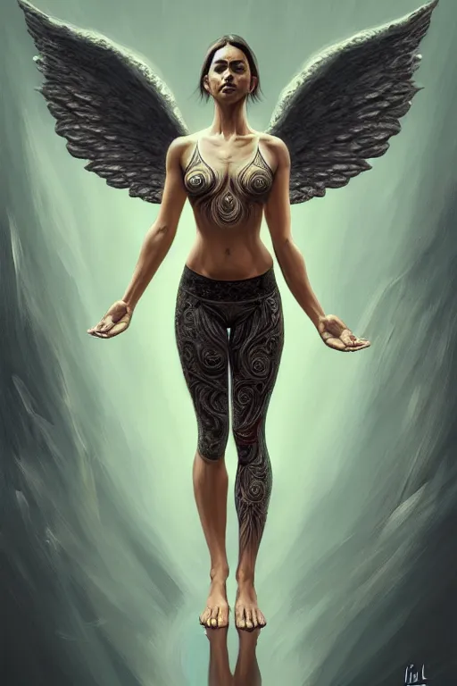 Image similar to Full body potrait of angel doing yoga , angel is split in two with smoke, fantasy, intricate, elegant, highly detailed, digital painting, artstation, concept art, smooth, sharp focus, illustration, art by Ilja Repin
