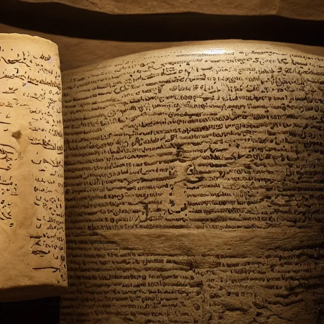 Prompt: a photo of a museum display showing a cylindrical clay jar, holding a dead sea scroll with nabeatean writing, dark, brooding, atmospheric, volume lighting