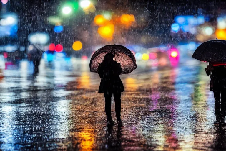 Image similar to canon, 300mm, bokeh, city at night, raining, reflections, people with umbrellas