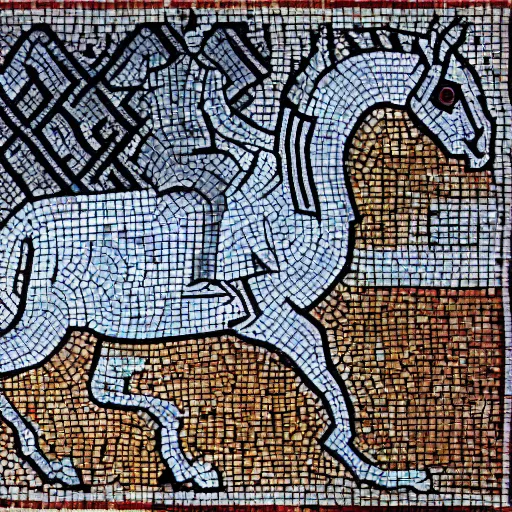 Prompt: drifting white Toyota AE86 pulled by a black horse, medieval Byzantine mosaic