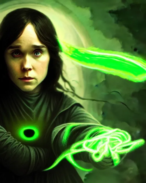 Image similar to ellen page with yellow glowing eyes as a dark sorceress casting a green spell, green lighting, fantasy character portrait, ultra realistic, concept art, intricate details, highly detailed by james bama, william adolphe bouguereau and frank frazetta