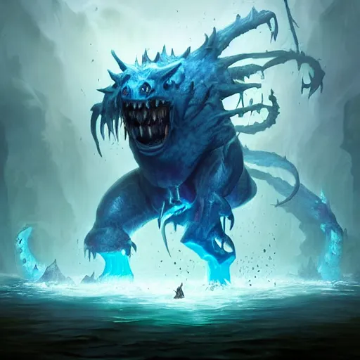 Image similar to water monster spirit blue shadow fiend from dota 2, dnd style, epic fantasy game art, by Greg Rutkowski, hearthstone artwork