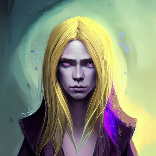 Image similar to portrait of an androgynous human mage, with dirty blonde hair, purple eyes, dnd, high fatnasy, intricate, elegant, highly detailed, digital painting, artstation, concept art, smooth, sharp focus, illustration, by anato finnstark, boissb - blanca. j, cindy avelino, clint cearley, anna podedworna