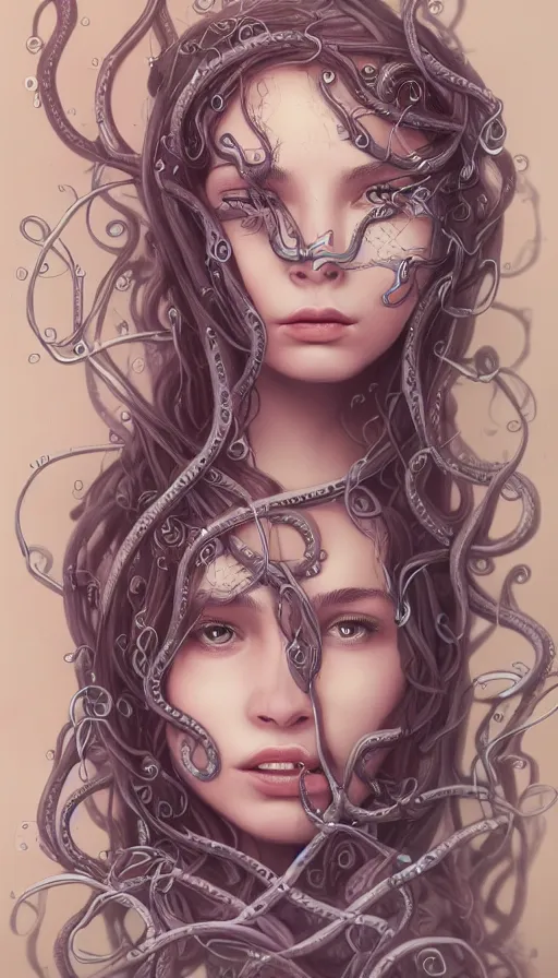 Image similar to very detailed portrait of a 2 0 years old girl surrounded by tentacles, the youg woman visage is blooming from fractal and vines, by artstation