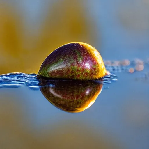 Image similar to apple seed sits in a water spill on the soil ground, reflections of apple trees, sunset light, in the style of van goch
