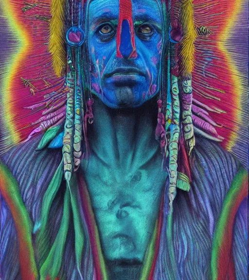 Image similar to Portrait painting in a style of Beksinski mixed with Alex Grey of an old shaman dressed in a colorful traditional clothes. Symmetry