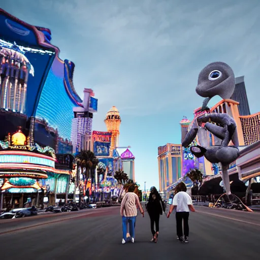 Prompt: actual photography of grey aliens walking along the Las Vegas strip, award winning, high def,