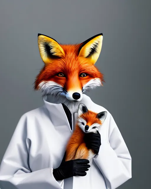 Prompt: photorealistic photo of anthropomorphic female fox animal dressed in labcoat, surgical mask covering mouth, putting on surgical gloves, fox animal, hospital in background, oil painting, 8 5 mm f / 1. 4